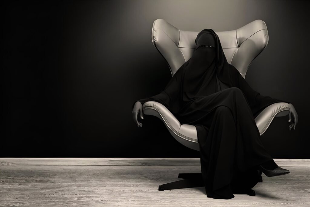 Umm Abdullah, founder of The Firdaws Connection, seated in a designer cream leather chair wearing a black niqab and khimar in a black and sepia portrait