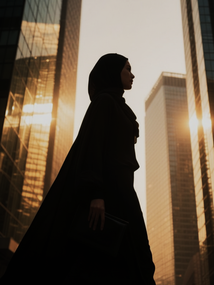 Muslim woman in abaya crossing a city road at sunrise with tall glass buildings in the background symbolising ambition and financial independence