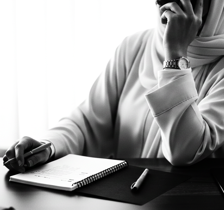 Muslim women entrepreneur in abaya and hijab sitting at an executive desk on the phone, focused on building structure and wealth at The Firdaws Connection